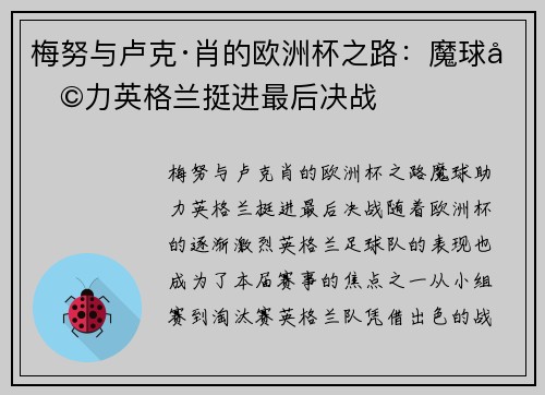 梅努与卢克·肖的欧洲杯之路：魔球助力英格兰挺进最后决战