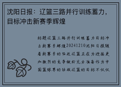 沈阳日报：辽篮三路并行训练蓄力，目标冲击新赛季辉煌