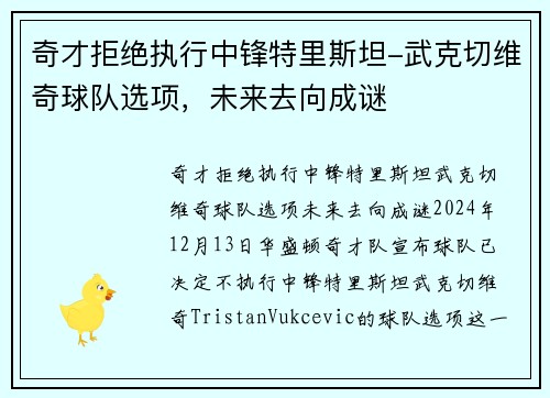 奇才拒绝执行中锋特里斯坦-武克切维奇球队选项，未来去向成谜