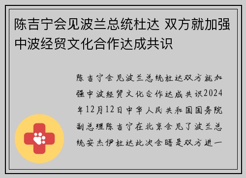 陈吉宁会见波兰总统杜达 双方就加强中波经贸文化合作达成共识